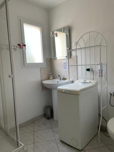 bagno bianco con lavandino e specchio di Maison à louer Les Roses ad Arconville
