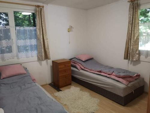 Erdőszéli vendégház في Dudar: غرفة نوم بسريرين وخزانة ونوافذ