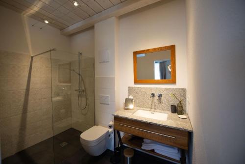 a bathroom with a sink and a shower and a toilet at Monschein Weingut Straden in Straden