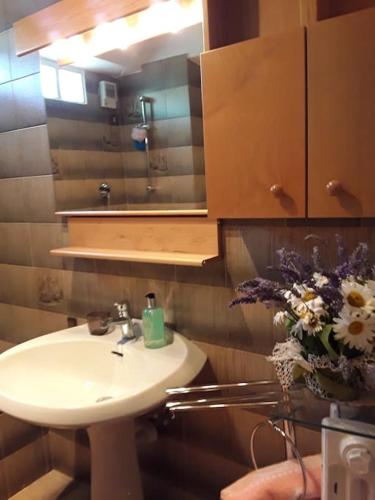 a bathroom with a sink and a vase of flowers at Le Jasmin da Marina in Saint Vincent