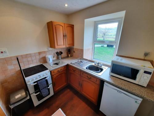 a small kitchen with a sink and a microwave at Holiday Cottage 7 in Watermillock