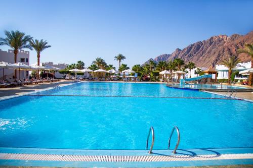 a large blue swimming pool with mountains in the background at Happy Life Village Dahab in Dahab