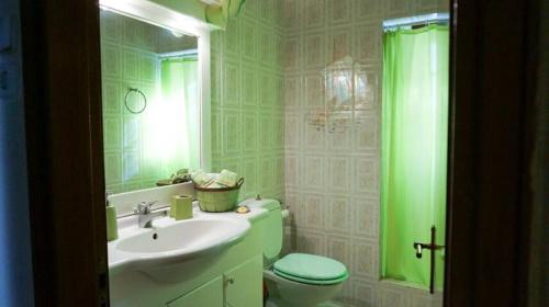 a bathroom with a sink toilet and a green shower curtain at VILLA DREAM in Skiathos Town