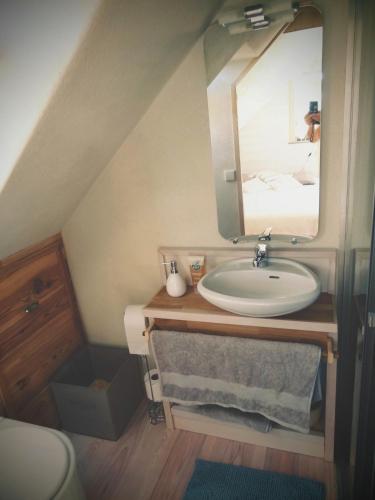 a bathroom with a sink and a mirror at Coquet Nid douillet ...Slow Life in Plogoff