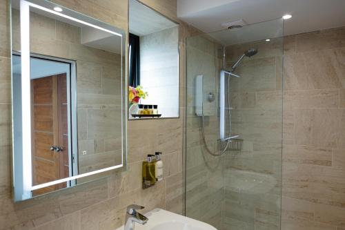 a bathroom with a shower and a sink and a mirror at Dafarn Newydd Studio in Llangefni