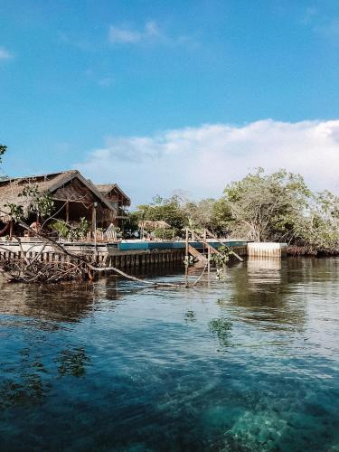 a house on a dock on a body of water at Santa Lova Eco-hostel Isla Tintipan in Tintipan Island