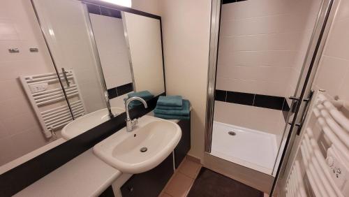 une petite salle de bain avec un lavabo et une douche dans l'établissement T3 “Groix“- 50 m de la plage de Fort Bloqué/Ploemeur, à Ploemeur