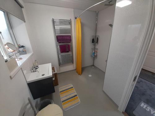 an overhead view of a bathroom with a shower and a sink at The Homestay Get Away in Kent
