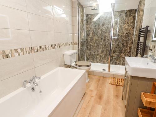 a bathroom with a tub and a toilet and a sink at Nant Y Celyn in Ruthin