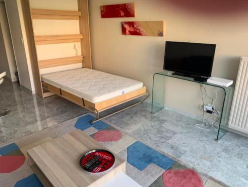 une chambre avec un lit et une télévision à écran plat dans l'établissement Studio Résidence Le Tanit, à Antibes