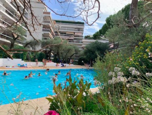un groupe de personnes nageant dans une piscine dans l'établissement Studio Résidence Le Tanit, à Antibes