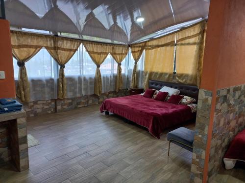 1 dormitorio con 1 cama en una habitación con ventanas en Hostal La Casa De Rodrigo, en Baeza