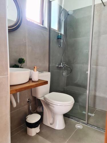 a bathroom with a toilet and a shower and a sink at GuestHouse "Shtëpia ime" in Përmet