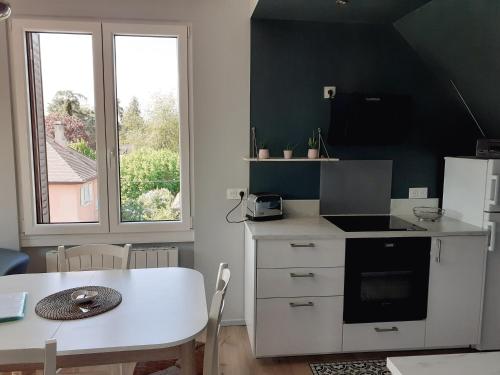 une cuisine avec une table et un comptoir blanc dans l'établissement CHARMANT APPARTEMENT, à Thonon-les-Bains