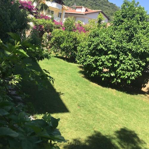a yard with green grass and bushes and a house at Villa Sophia Marmaris in Marmaris