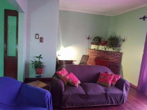 un sofá púrpura en una sala de estar con almohadas rosas en La Casa Verde en San Salvador de Jujuy