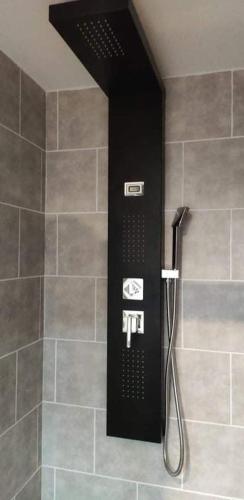 La salle de bains est pourvue d'une douche et d'un mur noir. dans l'établissement Appartement entièrement refait à neuf à 150 m de la plage, à Narbonne-Plage