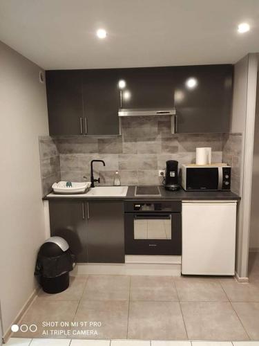 une cuisine avec un évier et un micro-ondes dans l'établissement Appartement entièrement refait à neuf à 150 m de la plage, à Narbonne-Plage