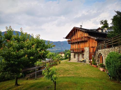 ein Haus mit einem Rasenplatz neben einem Gebäude in der Unterkunft Agritur Maso Gosserhof in Gereut