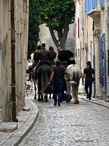 a group of people riding horses down a street at Rue du Château in Tarascon