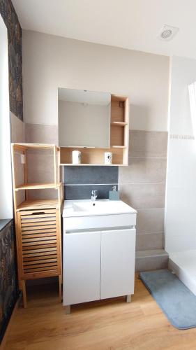 a bathroom with a white sink and a shelf at LE JADE in Saint-Nazaire