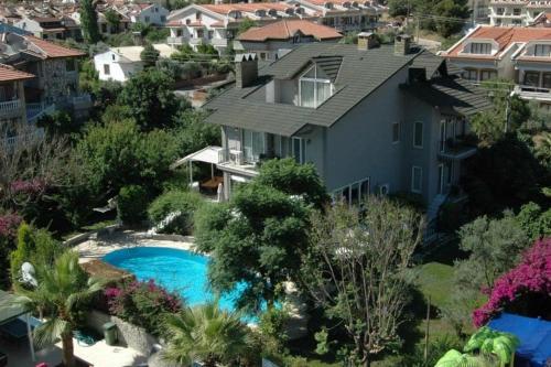 an aerial view of a house with a swimming pool at Villa Sophia Marmaris in Marmaris