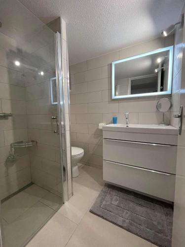 une salle de bain avec une douche, un lavabo et des toilettes dans l'établissement Maisonnette climatisée dans résidence naturiste, à Leucate