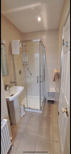 a bathroom with a shower and a sink at Dunross House B&B in Killarney