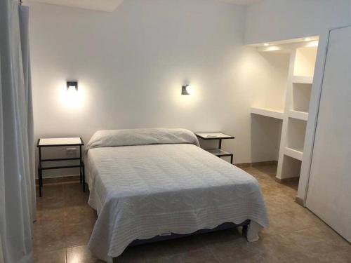 um pequeno quarto com uma cama e duas mesas de cabeceira em Posada El Paiman em Chilecito