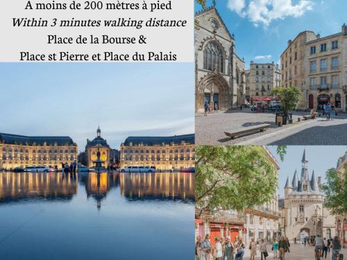 un collage d'images d'une ville avec de l'eau et des bâtiments dans l'établissement Apparts en ville Place de la Bourse, à Bordeaux