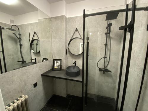 a bathroom with two sinks and a shower at VIP Rooms Apartment in Toruń