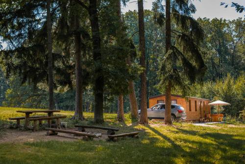 a cabin in the woods with picnic tables and a car at Mobile House Bojnice in Bojnice