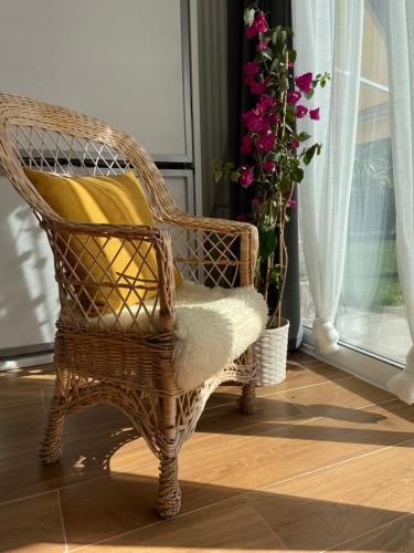 a wicker chair with a yellow pillow next to a window at Julia’s Garden in Cuarte de Huerva