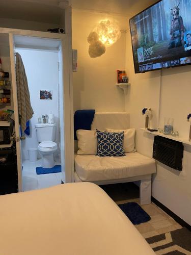 a living room with a couch and a tv at Blue Royalty in Portmore