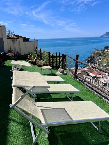 a group of picnic tables on the grass near the ocean at Orizzonti Apartments in Manarola