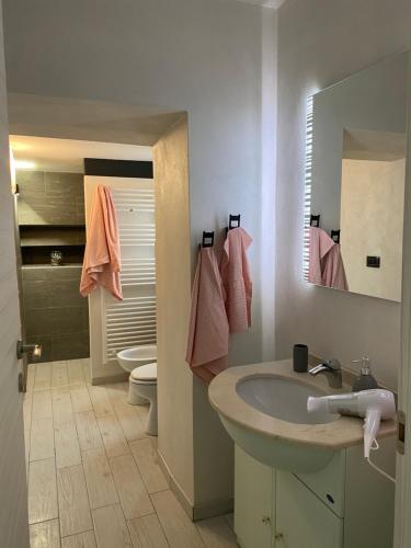 La salle de bains est pourvue d'un lavabo, de toilettes et d'un miroir. dans l'établissement Intero alloggio :Casa D D Nuova aperturaHost Rosi, à Omegna