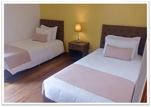 ein Schlafzimmer mit 2 Betten und einem Tisch mit einer Lampe in der Unterkunft Hotel Gio in Sonsón