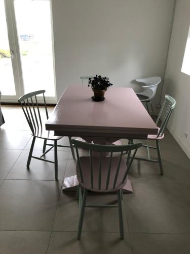 a dining room table with chairs and a potted plant on it at Country-living with a lovely view and own terrace, entrance and parking in Roskilde