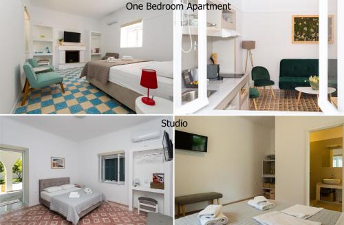 un collage di due foto di una camera d'albergo di Aria Apartments a Spetses