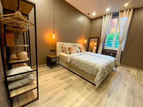 - une chambre avec un lit et un grand miroir dans l'établissement LA COSY FACTORY - Centre historique, à Chambéry