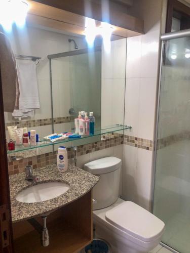 a bathroom with a toilet and a sink and a shower at Kariri Beach - 207 - Praia do Cumbuco, Caucaia in Cumbuco