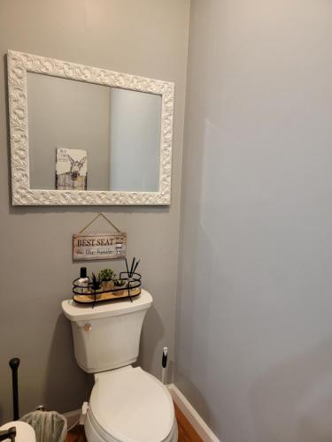 a bathroom with a white toilet and a mirror at Just Dance in Dandridge