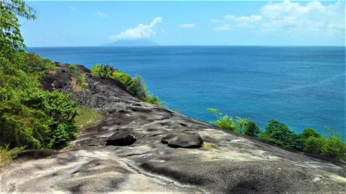 a view of the ocean from atop a cliff at Seychelles Yellow Petals in Anse Boileau