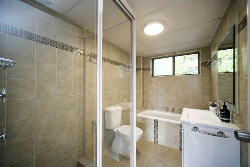 ein Bad mit einem WC, einer Dusche und einem Waschbecken in der Unterkunft Oceancrest 12 Pebbly Beach in Forster