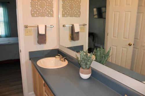 uma casa de banho com um lavatório e um espelho em Cheerful 2-Bedroom, 2 bath with private parking em Fayetteville
