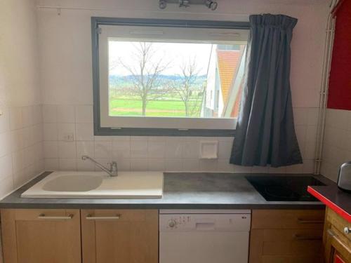 eine Küche mit einem Waschbecken und einem Fenster in der Unterkunft Le Piroulet in Vassieux-en-Vercors