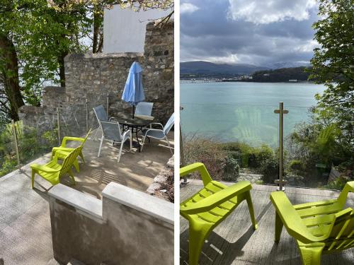 two pictures of a patio with a table and chairs at Glan Dwr Bach in Llandegfan