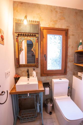 a bathroom with a sink and a toilet and a mirror at CASA Apartamento RURAL AS ANDURIÑAS in San Martín de Trevejo