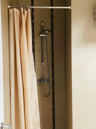 a shower with a shower curtain in a bathroom at Vila Školka studio in Portorož