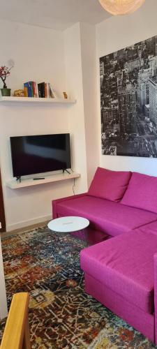 ein Wohnzimmer mit einem rosa Sofa und einem TV in der Unterkunft Büdchen am Rathaus-Parkplatz-Bett und Schlafcouch-EG-NETFLIX- in Oberhausen